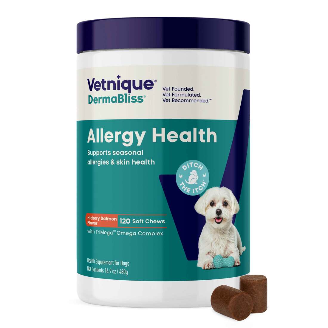 Vetnique DermaBliss Allergy & Itch Relief Soft Chews for Dogs, Hickory Salmon Flavored, 120 count