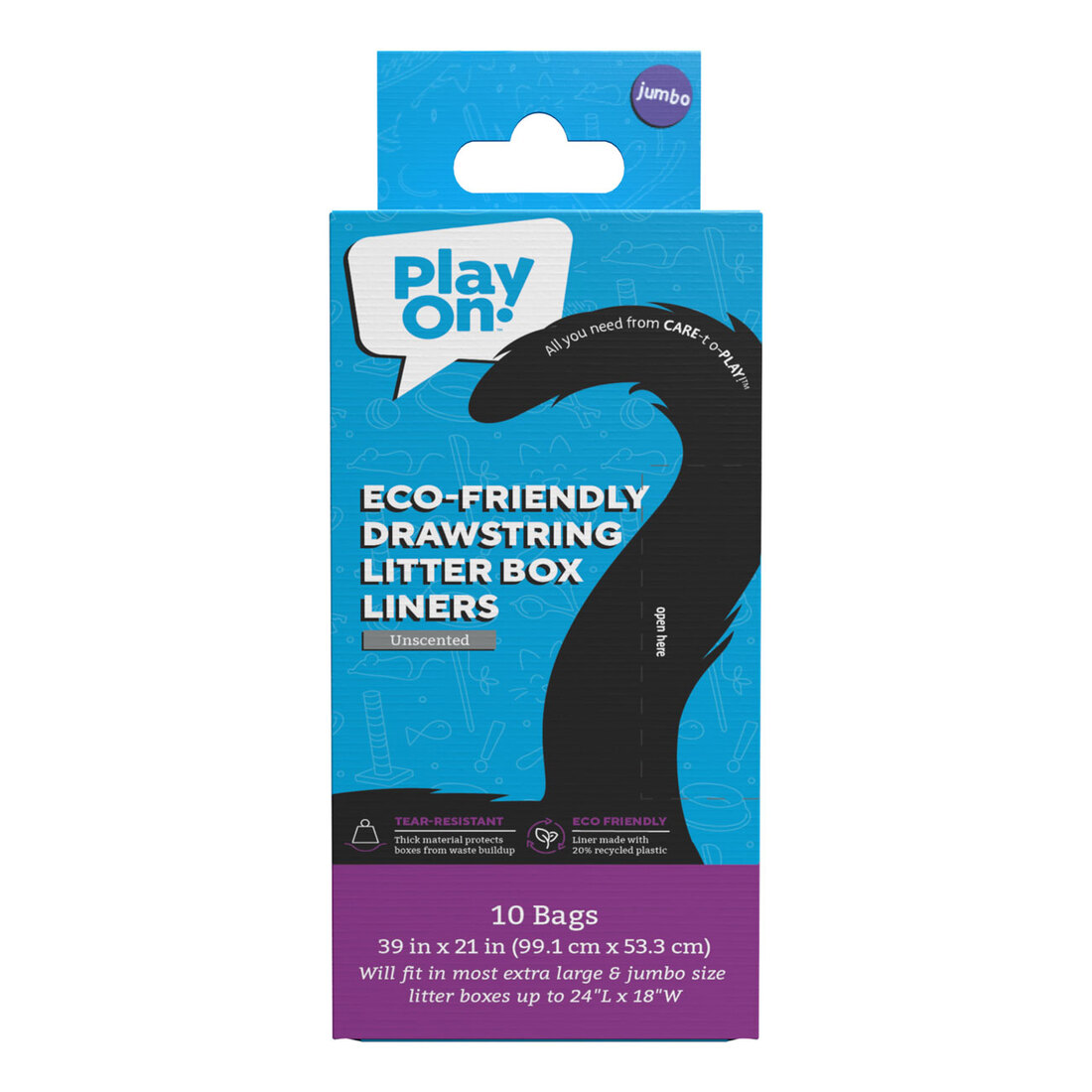 Play On ECO Drawstring Cat Litter Liner Jumbo, Unscented, 10 Count, 39IN X 21IN