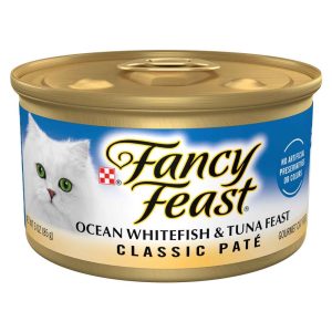 Purina Fancy Feast Classic Grain Free Pate Wet Cat Food, Ocean Whitefish and Tuna Feast - 3 Ounce Ca