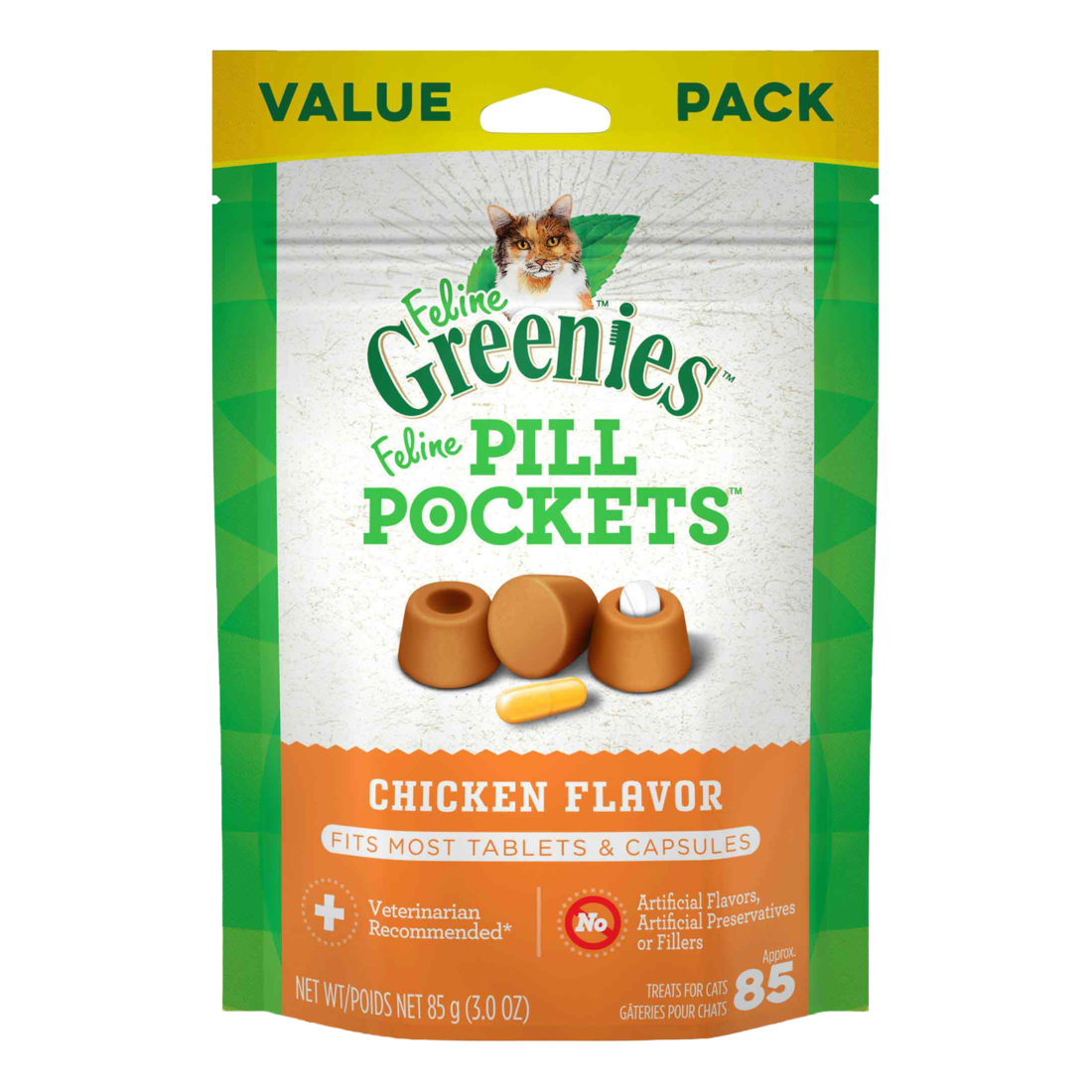 FELINE GREENIES PILL POCKETS for Cats Natural Soft Cat Treats, Chicken Flavor, 3 Ounce Pack (85 Trea