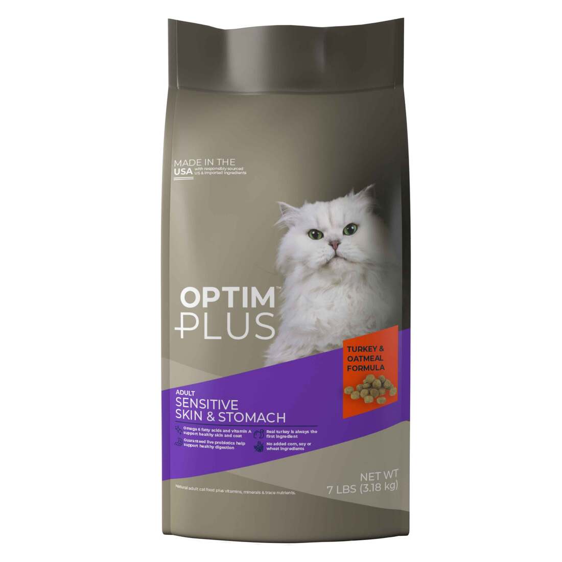 OptimPlus Adult Sensitive Skin & Stomach Turkey & Oatmeal Formula Dry Cat Food, 7 Pounds