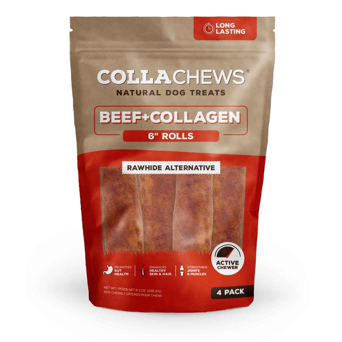 CollaChews Collagen Dog Chews, Medium Rolls, Beef Flavor - 4 Pack