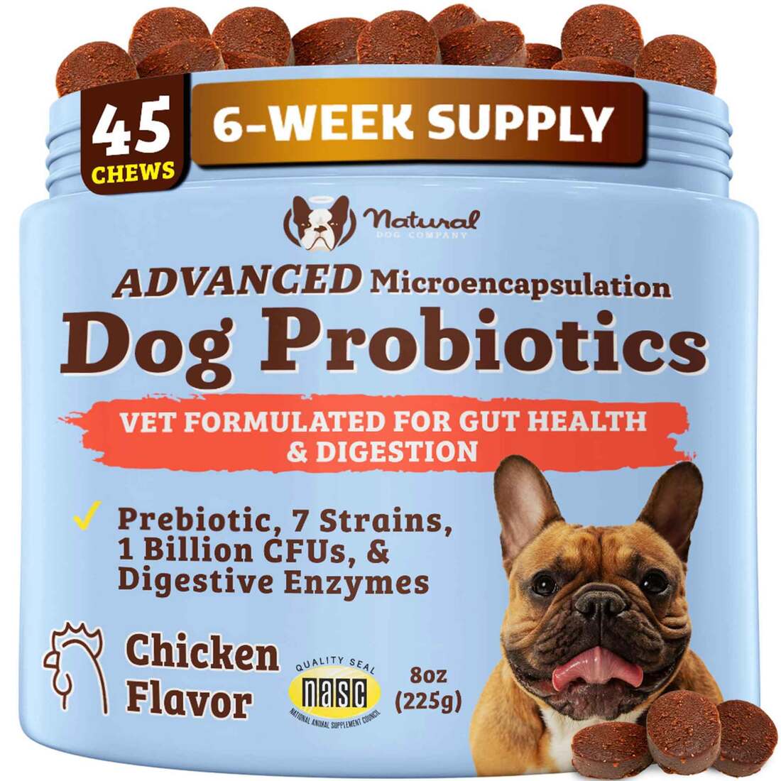Natural Dog Company Probiotic Chews for Dogs, Gut Health, 45 Count