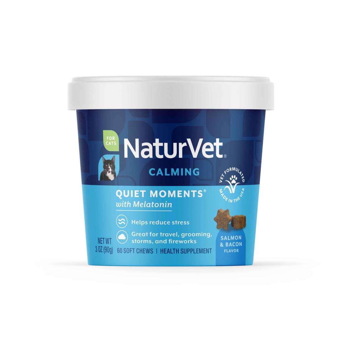 NaturVet Quiet Moments Calming Supplement for Cats, Salmon and Bacon Flavor, 60 Count
