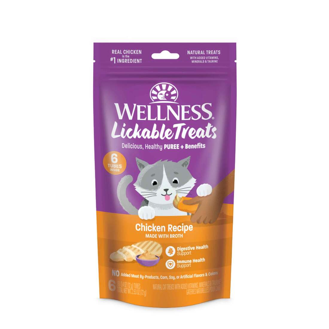 Wellness Lickable Treats Soft Puree Natural Grain Free Cat Treats, Chicken, 0.4 Ounce Tubes