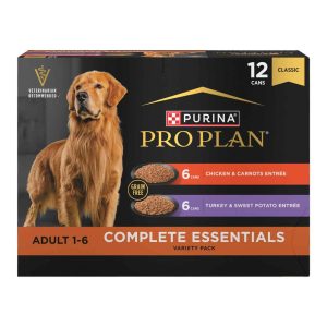 Purina Pro Plan Complete Essentials Grain Free Wet Dog Food Variety Pack, Chicken and Carrots, Turke