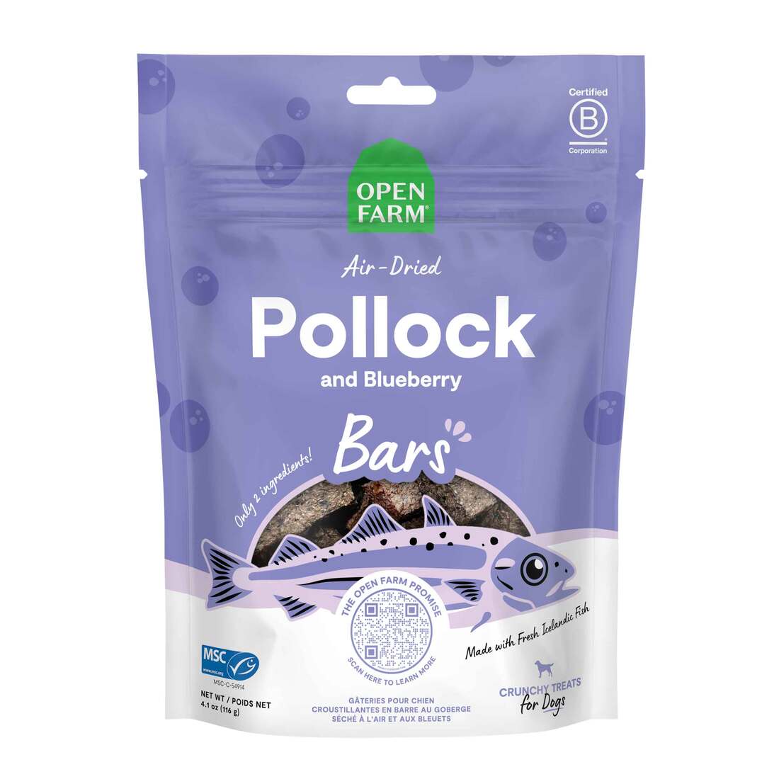 Open Farm Air Dried Crunchy Bars Dog Treat, Pollock and Blueberry, 4.1 Ounces
