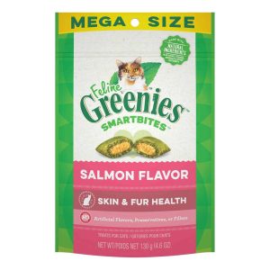 FELINE GREENIES SMARTBITES Skin & Fur  Crunchy and Soft Natural Cat Treats, Salmon Flavor, 4.6 Ounce
