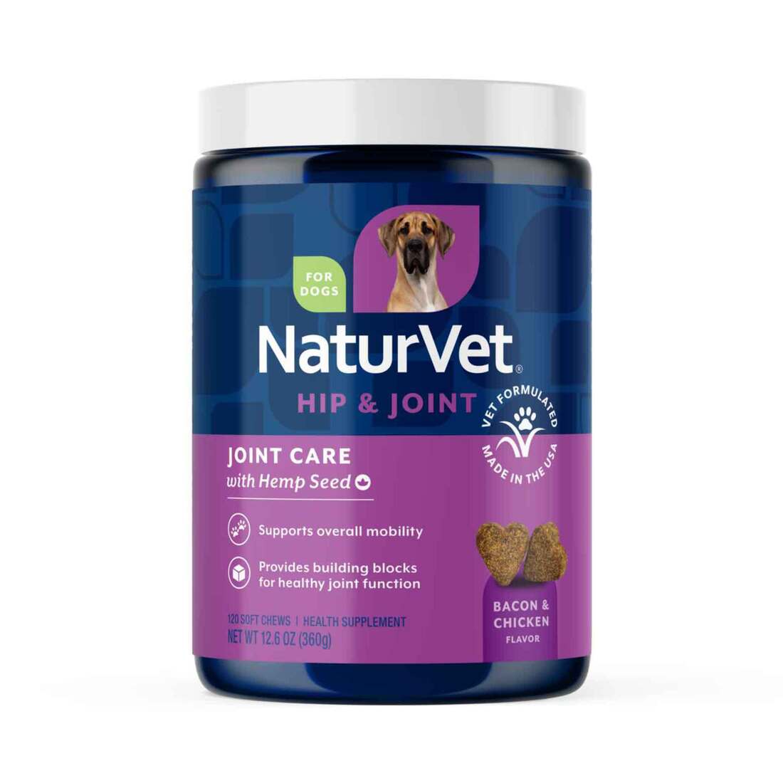 NaturVet Joint Care with Hemp Hip & Joint Supplements for Dogs, Bacon and Chicken Flavor, 120 Count