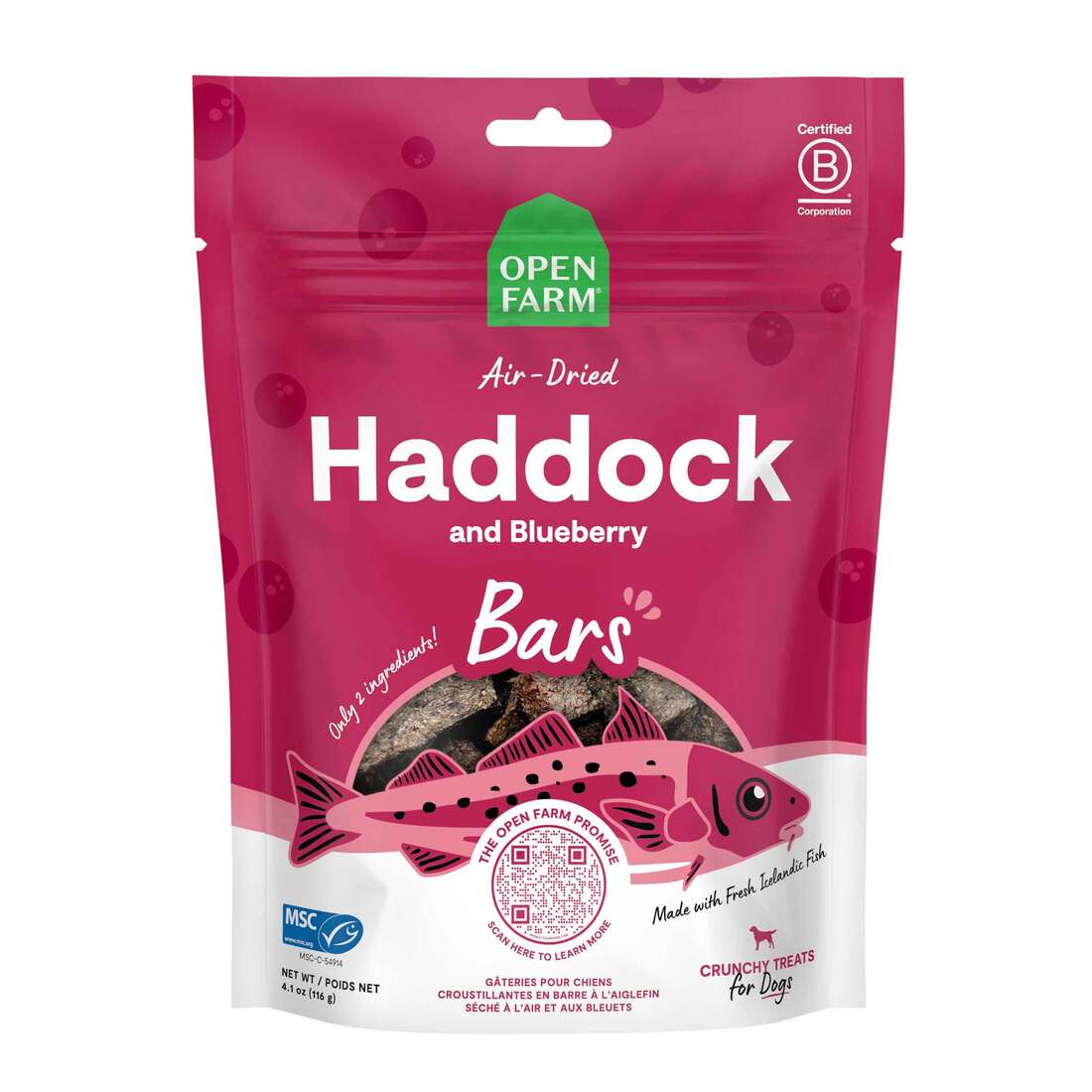 Open Farm Air Dried Crunchy Bars Dog Treat, Haddock and Blueberry, 4.1 Ounces
